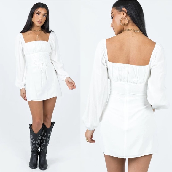 Princess Polly Fauce White Long Sleeve Lace Up Front Square Neck Swiss Dot Dress - Picture 3 of 13